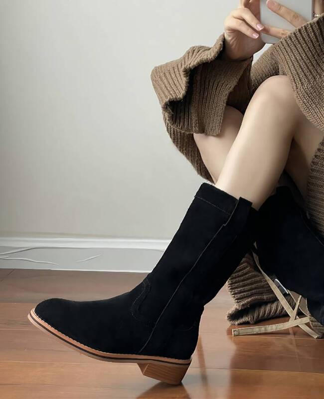 TOPHQWS Vintage Western Woman Cowboy Boots Autumn Winter Chunky Heel Shoes For Women High Quality PU Leather Platform Boots