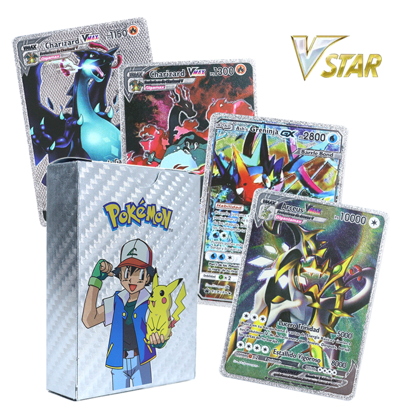 Pokemon 10000HP Vstar Arceus Kotak Kartu Foil Emas Mawar Charizard Pikachu Vmax GX MEGA Koleksi Langka Perak Hitam Pelatih Pertempuran