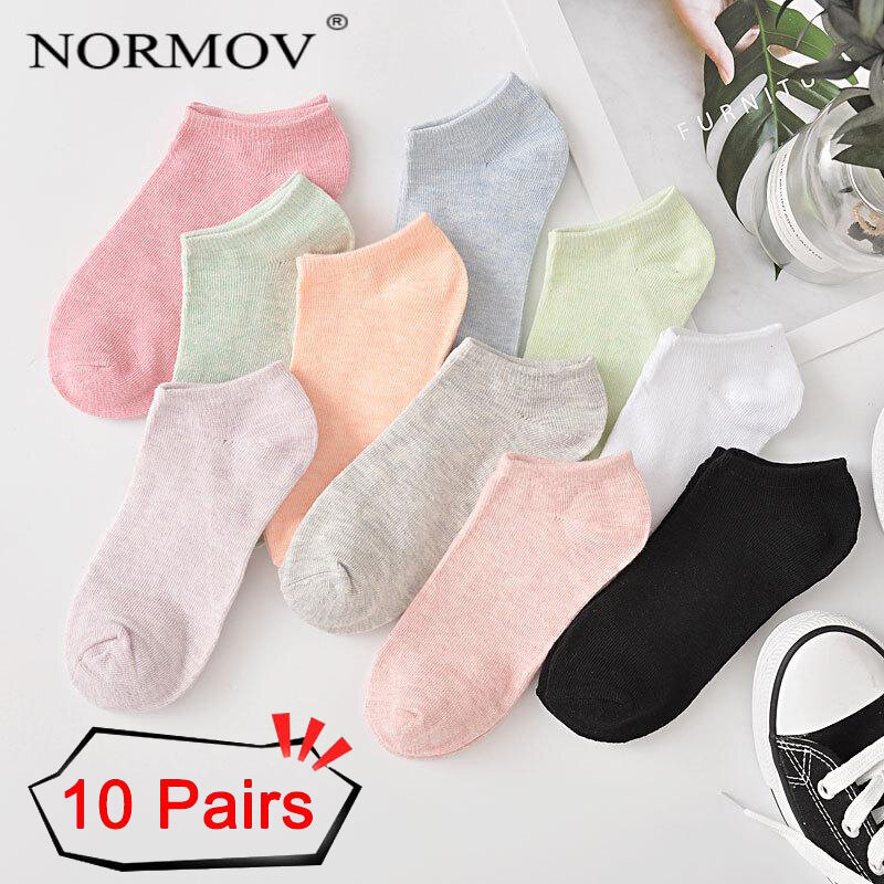 NORMOV – chaussettes courtes en coton pour femme, lot de 10 paires, blanches, motif dessin animé, courtes, solides, bateau, douces, Anti-odeur