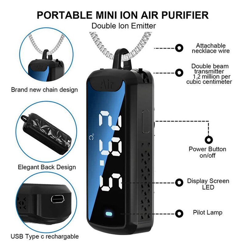 2X 120Million Negative Ion Hanging Neck Air Purifier Personal Wearable Mini Portable Temperature Measurable Air Purifier