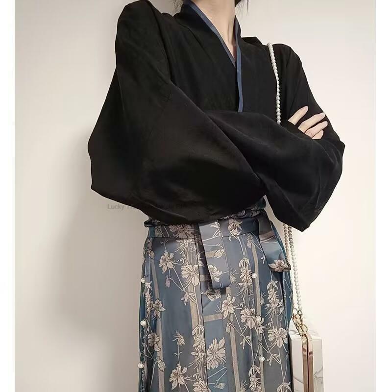 Improved Chinese Song Dynasty Hanfu Female Retro Daily Casual Spring Summer Long Sleeve Top Printed Skirt Two Pieces Set
