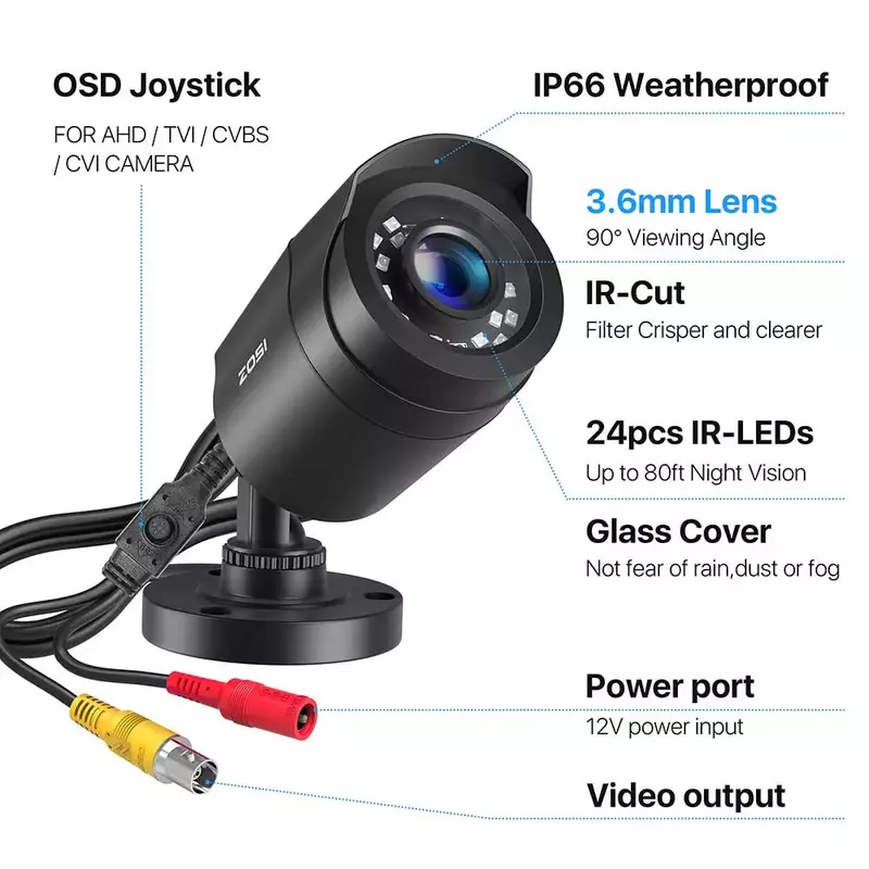 ZOSI-1080P 4-in-1 CCTV 보안 카메라, 3.6mm 렌즈 24 IR led, 80ft 야간 투시경, 실외 방수 감시 카메라