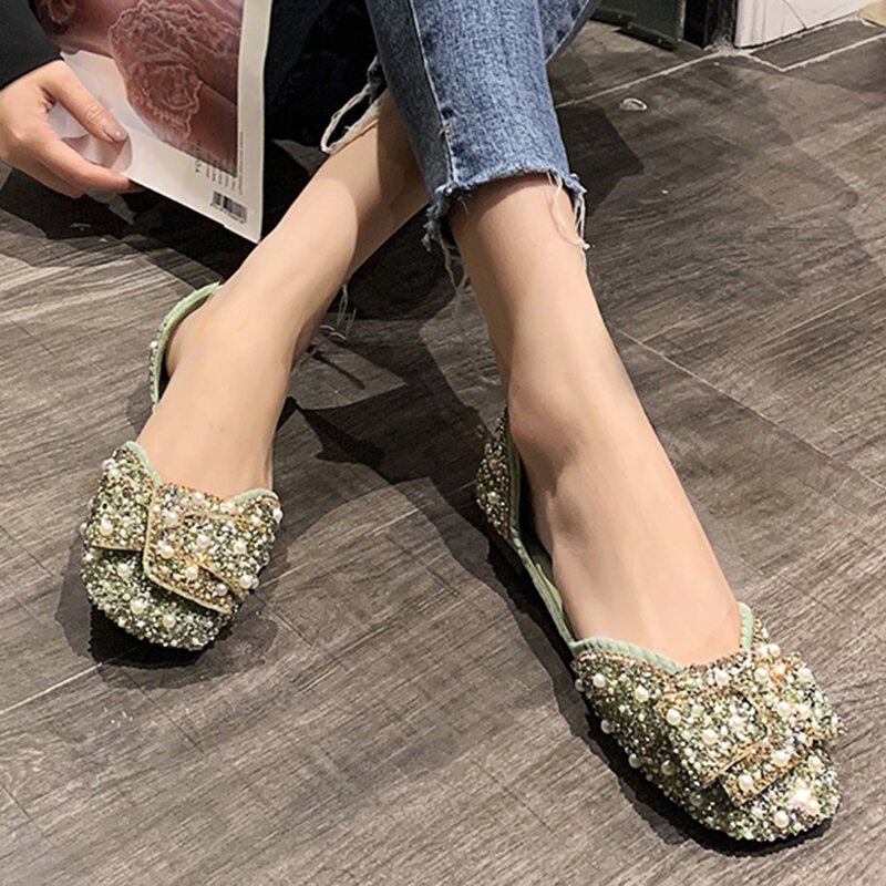 Soft Sole Shiny Crystal Ballet Flats Women 2022 Autumn Slip on Square Toe Loafers Shoes Woman Pearl Bowtie Single Shoes Mujer