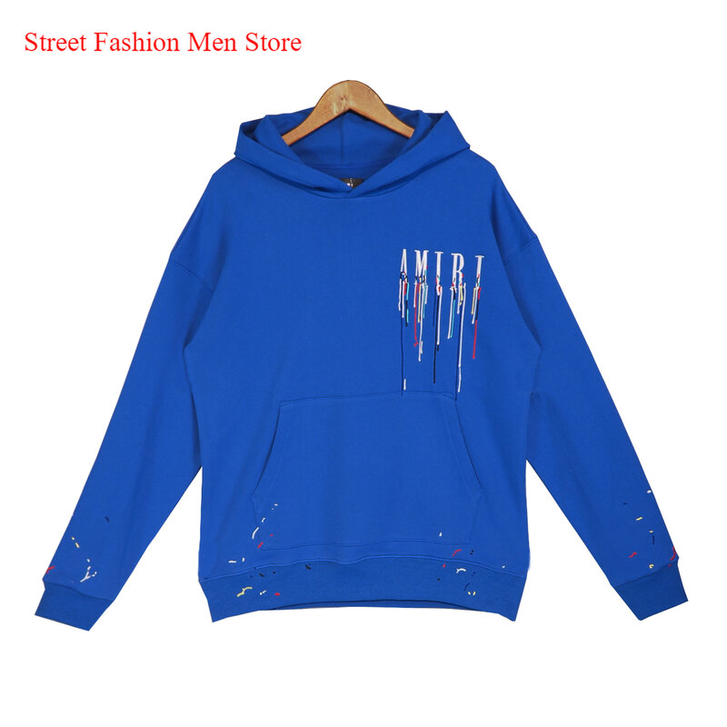 Amiri 22ss simples masculino nova american high street suéter azul solto moda casual com capuz de manga comprida casal