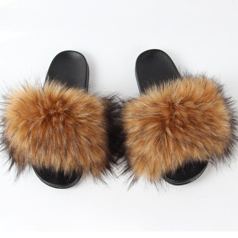 Summer Faux Fur Slippers Women Fox Fur Slides Indoor Outdoor Flat Furry And Fluffy Fake Fur Sandals Woman Shoes Flip Flops