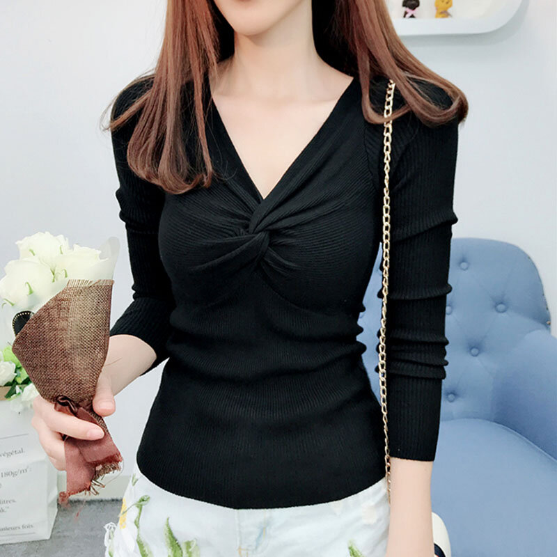 MODE Korea V-Neck Twist พับ Slim เสื้อกันหนาวผู้หญิง2022ใหม่ฤดูใบไม้ร่วงฤดูหนาว Soild Chic ฐานเสื้อ Femme