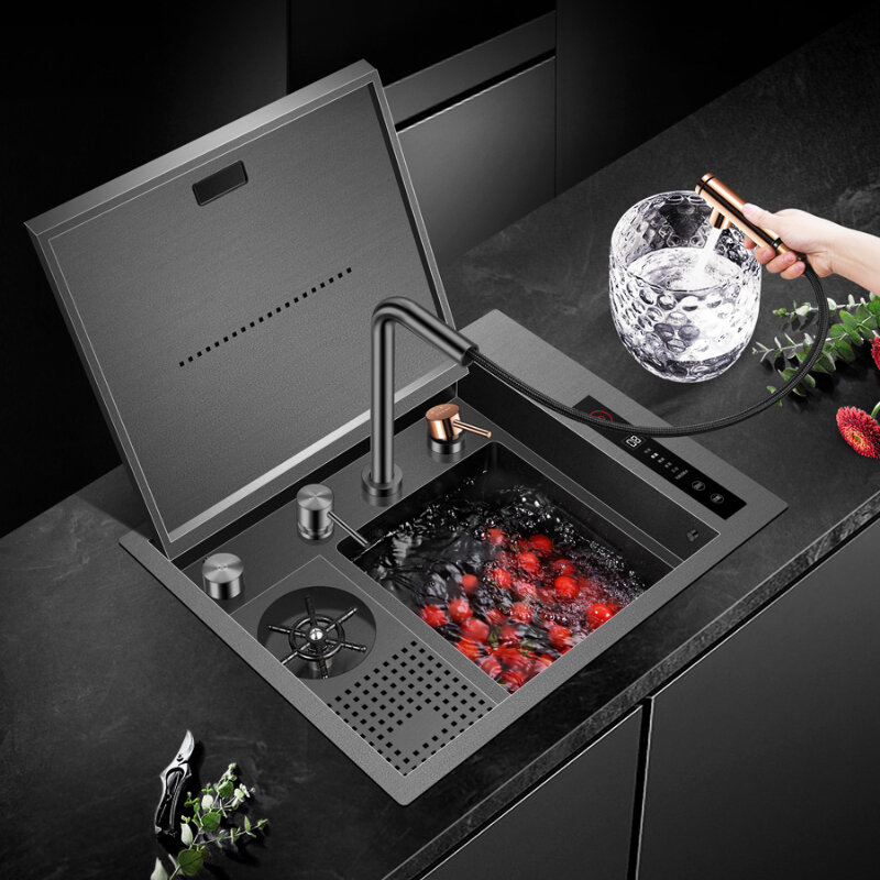 Dissipadores de cozinha preto inteligente de aço inoxidável pia frutas e legumes máquina lavar louça barra nano com copo arruela, placa de cobertura