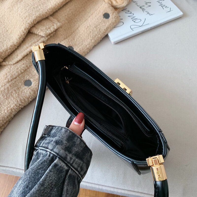 Solide PU Leder Kleine Handtasche Baguette Schulter Taschen für Frauen Lock Hand Taschen 2022 Designer Luxus Damen Mode Hohe Qualität