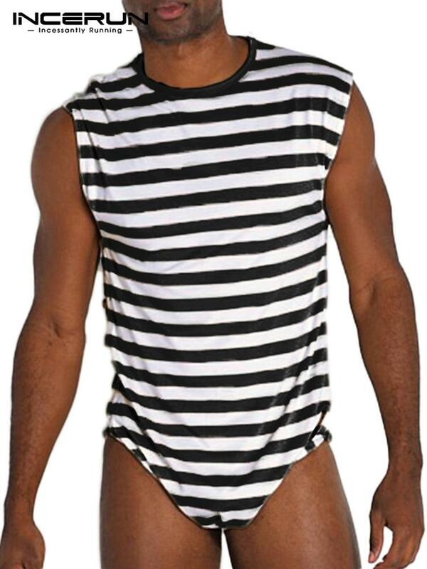 Men Striped Bodysuits O-neck Pajamas Sleeveless Cozy Breathable Leisure Rompers Underwear 2022 Sexy Men Bodysuit S-5XL INCERUN