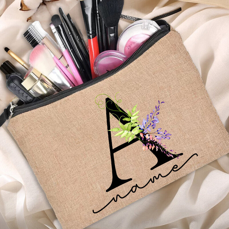 Personalize nomes personalizados carta floral impressão feminina saco de cosméticos bolsa de maquiagem de dama de honra bolsa de armazenamento de linho com zíper