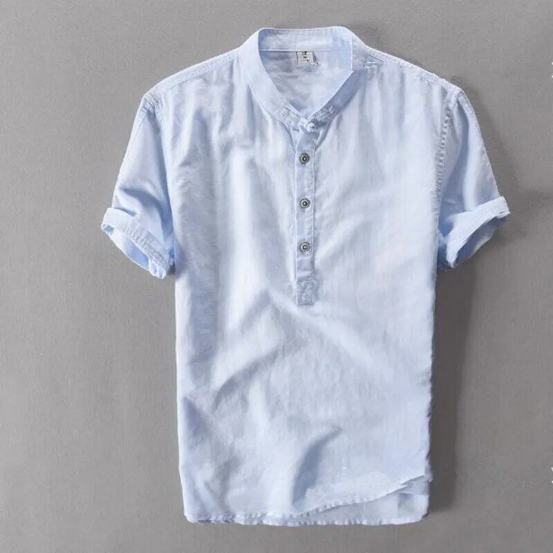 Atasan Pria Baru Musim Panas Kaus Inci Lengan Pendek Linen Warna Solid Kaus Inci Nyaman dan Sejuk Kaus Retro Pria Kasual T-sh