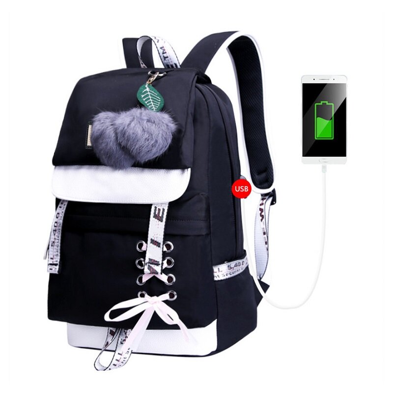 OKKID-lindas mochilas escolares para niñas adolescentes, mochila escolar grande para mujer, mochila para portátil de viaje, bolsa de carga usb 15,6, regalo de bola de felpa