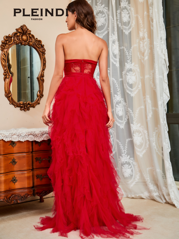 Pleindi Elegant Avond Strapless Sleeveless Asymmetrische Floor-Length Lace 2022 Nieuwe Van Plooi Exquisite Prom Dress Vrouwen
