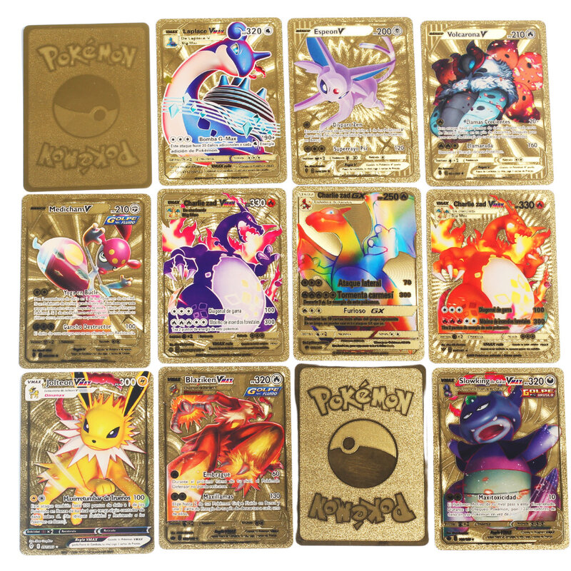 Cartas de Pokémon en inglés/francés/Español, caja de Cartas de Metal dorado, Cartas de juego metálicas Charizard Vmax Gx, 54 unidades