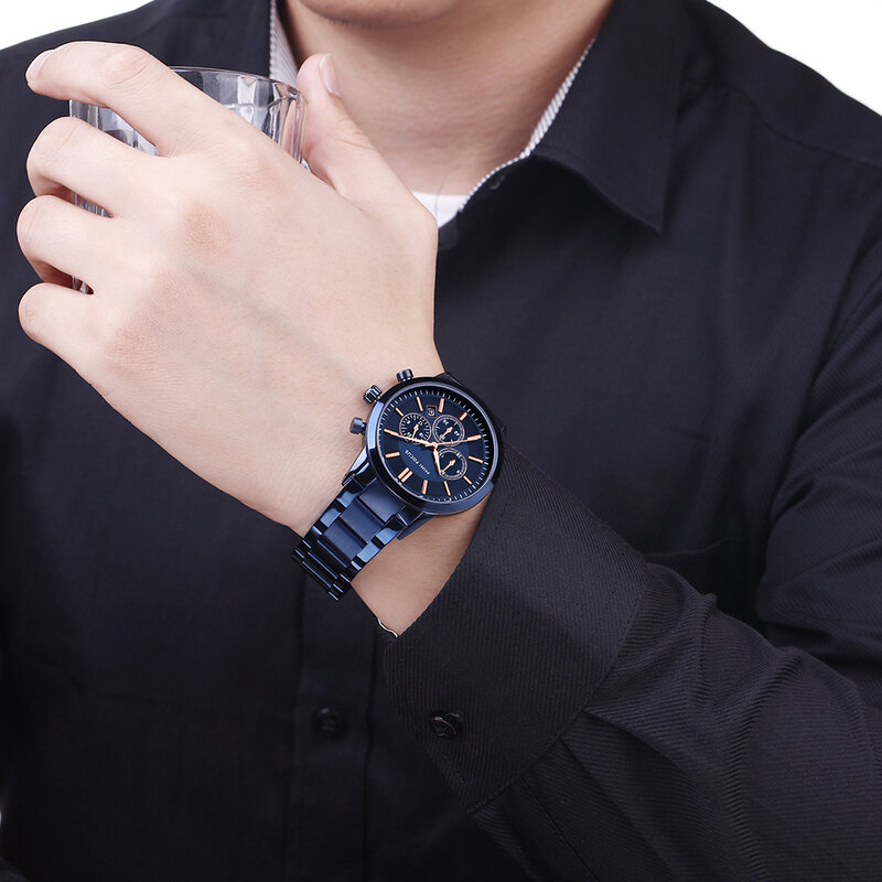 Relógio com mini cronógrafo, relógio de pulso masculino clássico de quartzo de marca luxuosa com pulseira de aço inoxidável com 3 sub-mostrador com 6 mãos, 2020