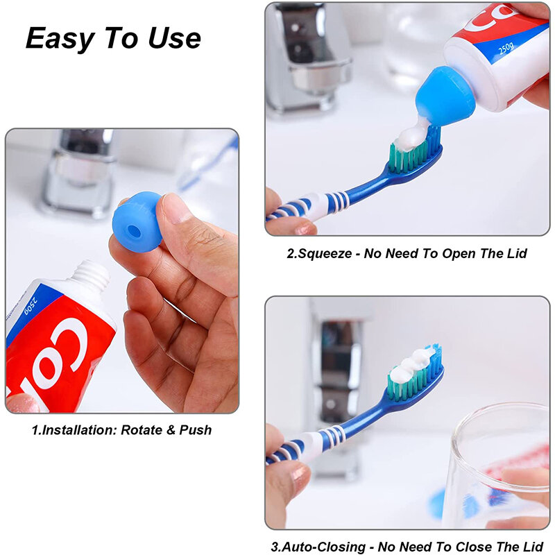 Dispensador de pasta de dientes con cierre automático, 4 piezas, exprimidor, tapas de silicona reutilizables, mantiene la pasta de dientes sin enredos ni residuos