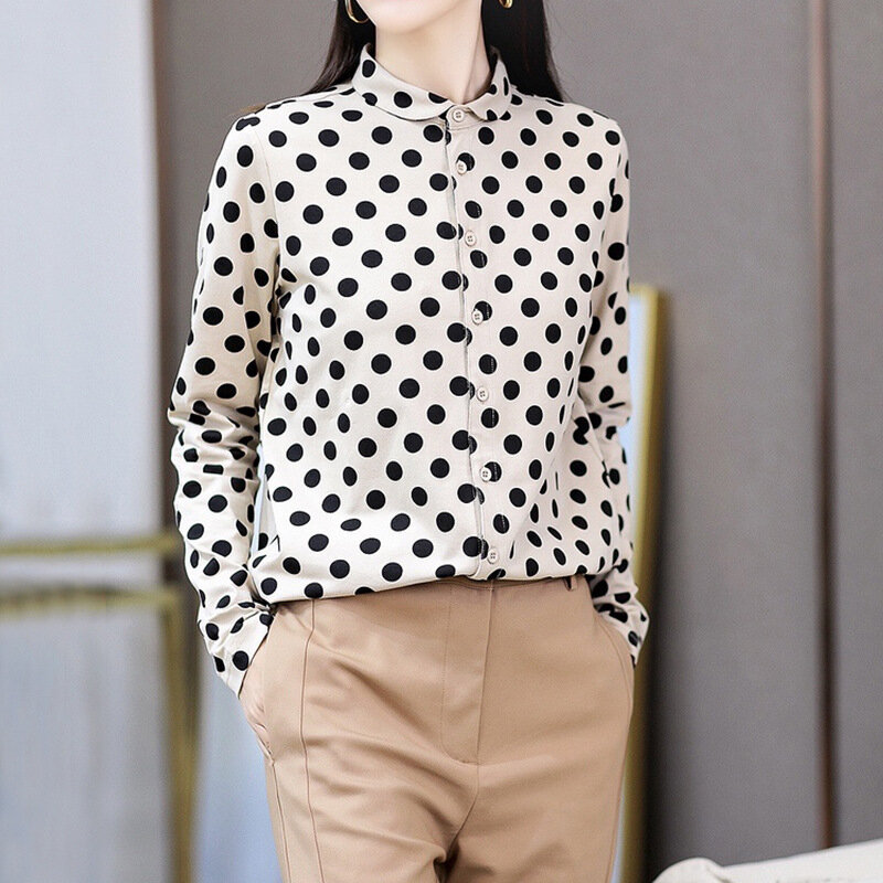 Polka Dot Shirt Collar Women Blouses Slimming Shirts Elegant Buttoned Round Neck Long-sleeved Inner Elastic Knitted Blouse Tops