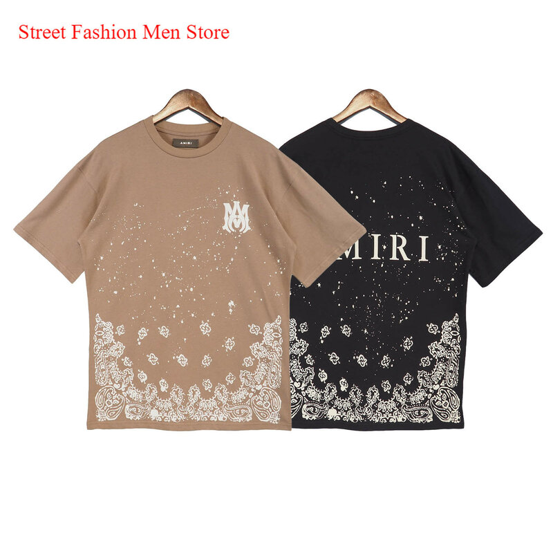 AMIRI uliczny styl marki drukowanie gwiazda atramentu z krótkim rękawem lato luźne OS bawełny wokół szyi T-shirt męski i damski