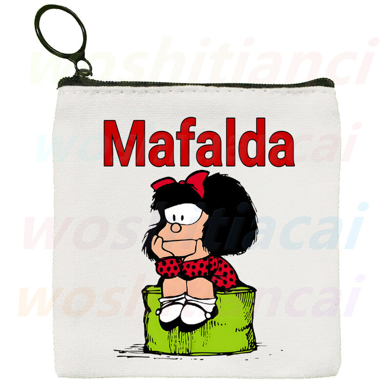 Mafalda Anime Cartoon Comic Canvas Coin Purse, pequeno saco quadrado, saco chave, saco de armazenamento, saco de cartão