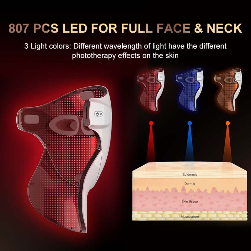 Mascarilla Facial LED para tratamiento Facial, dispositivo de belleza de 807 piezas, terapia fotodinámica LED de 3 colores, eliminación de arrugas y acné