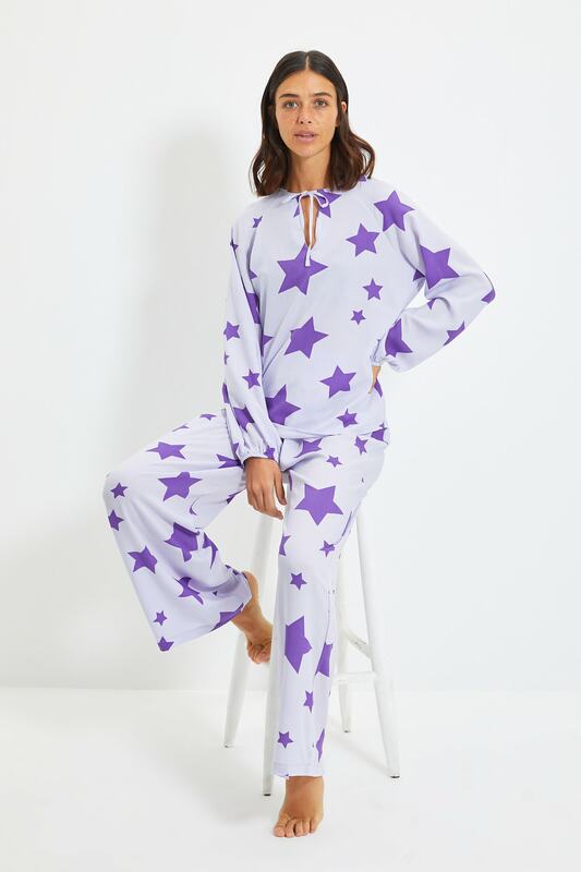 Trendyol-Conjunto de pijama tejido de viscosa, Estrella fucsia, THMAW22PT1046