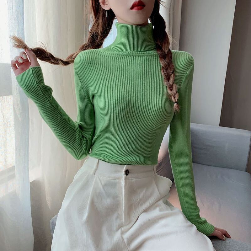 Women Heaps Collar Turtleneck Sweaters Autumn Winter Slim Pullover Basic Tops Casual Soft Knit Warm Jumper
