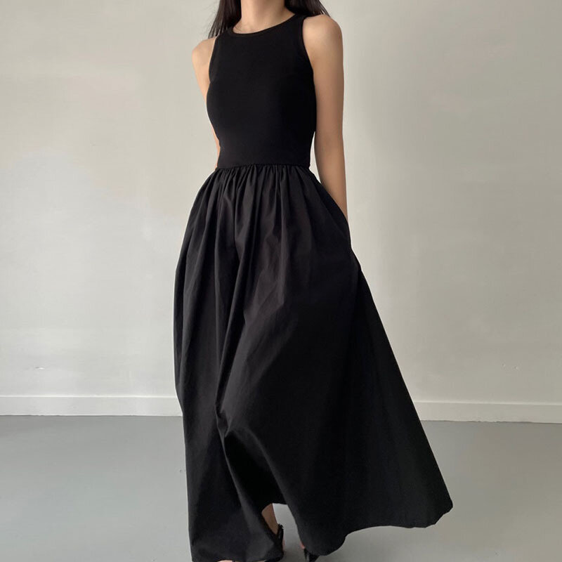 Gaun tanpa lengan Chic Korea wanita elegan mewah 2023 musim panas bekerja jahitan gaun pinggang tinggi rompi putih rok hitam 90s