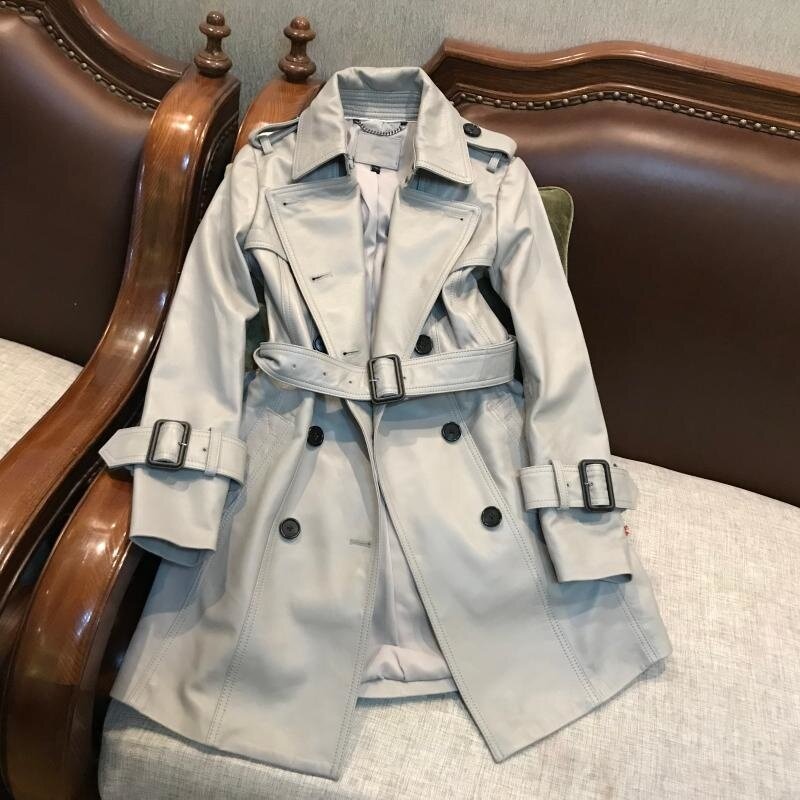 Jaqueta de couro feminina genuína, jaqueta ol-style, ajuste fino, pele de cordeiro, casaco longo para pista, blusão duplo