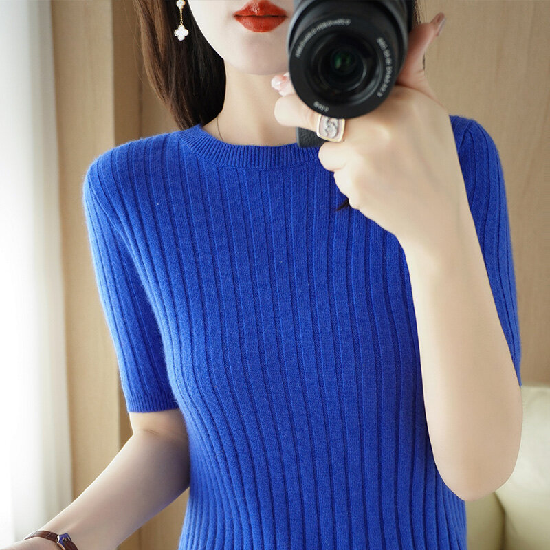 Camiseta suelta de manga corta para mujer, suéter interior, camisa de fondo, Top de media manga corta de punto de lana fina, 22