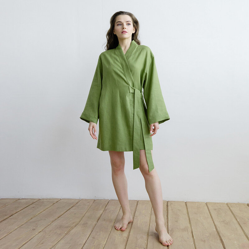 Hiloc 100% ผ้าฝ้ายเสื้อคลุมผู้หญิง Mini Dress สีเขียวหลวมผู้หญิง Dressing Gown กับ Sashes แขนยาวเสื้อคลุมอาบน้ำหญิง