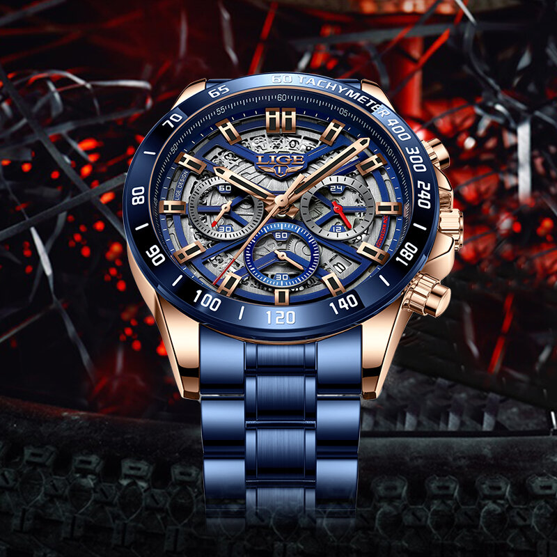 LIGE – montre creuse créative pour hommes, marque de luxe, tout en acier, à la mode, Business, chronographe