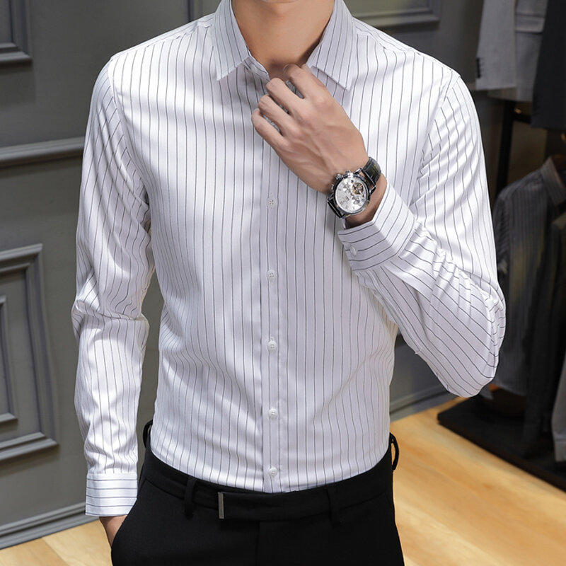 Spring long sleeve shirt men's business casual striped shirt 2022 new slim handsome iron-free dress shirt