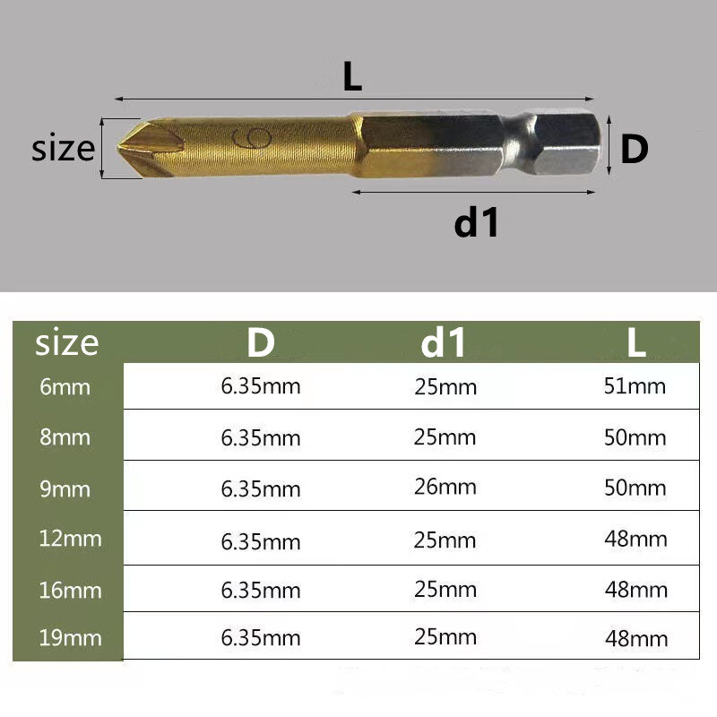 3 sztuk 6 sztuk HSS fazowanie pogłębiacze do wiercenia i fazowania Bit 1/4 "uchwyt sześciokątny 90 stopni drewna frez do fazowania 6mm 8mm 9mm 12mm 16mm19mm