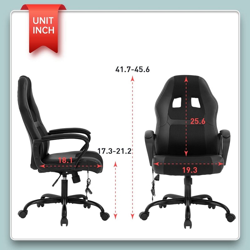 Silla de oficina Gaming de cuero PU, asiento ergonómico ajustable con soporte Lumbar, reposacabezas, reposabrazos giratorio para el hogar y la Oficina, color negro
