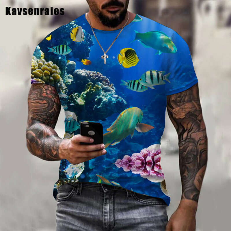 男性と女性のための3DプリントTシャツ,水中世界の動物の魚のプリントが施されたカジュアルな服,原宿スタイル,特大のストリートウェア