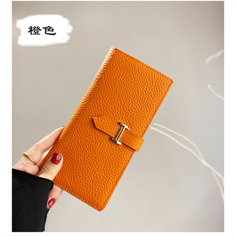 New fashion leather ladies wallets luxury long buckle lychee pattern coin purse women's solid color new long and short wallets
