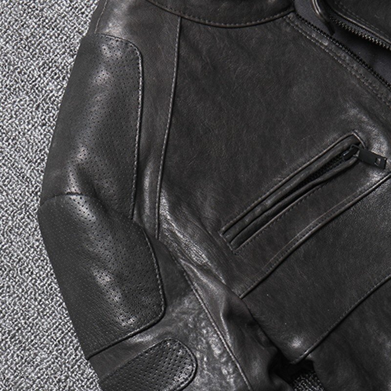 Jaqueta de couro genuíno da motocicleta masculina, jaqueta de pele de cordeiro para a motocicleta, ajuste ocasional magro do revestimento do outono