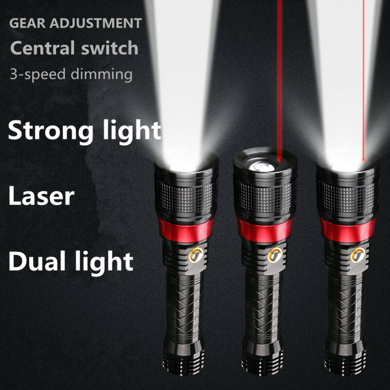Laser + t6 led poderosa lanterna forte luz zoomable carregamento portátil lanterna caça patrulha noite pesca luz