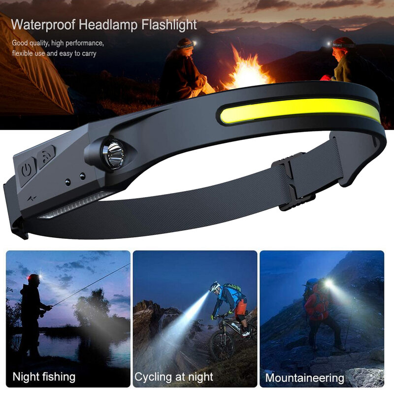 COB LED Headlamp Sensor Headlight with Built-in Battery Flashlight 350 LM Waterproof USB Rechargeable Head Lamp Torch Work Light