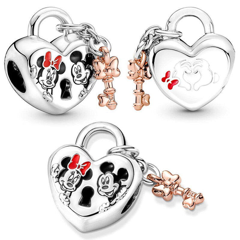 Pulsera con dijes de Disney para hombre y mujer, brazalete Original de Minnie, Mickey Mouse, You & Me, rosa, candado de corazón, Bisutería