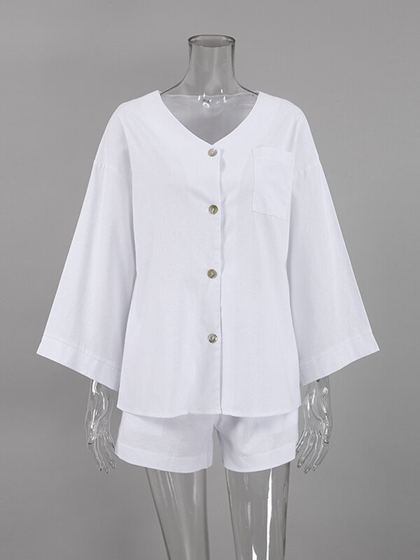 Hiloc Drop Sleeves bawełniana piżama zestawy dla kobiet bielizna nocna kieszeń V-Neck odzież domowa jednorzędowa koszulka nocna stałe ubrania nocne