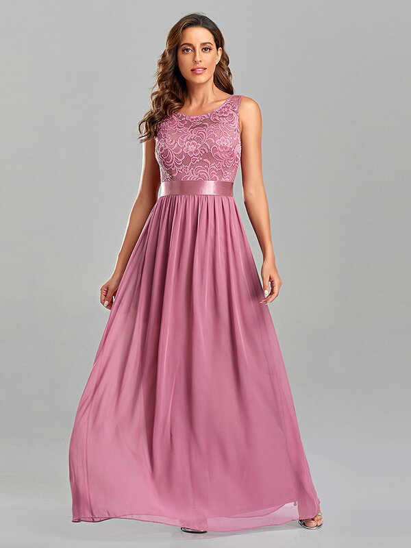 A-Line Lace & Chiffon Pink Evening Dress Floor Length Elegant Women's Dresses for Party 2022 Bridesmaid Dress