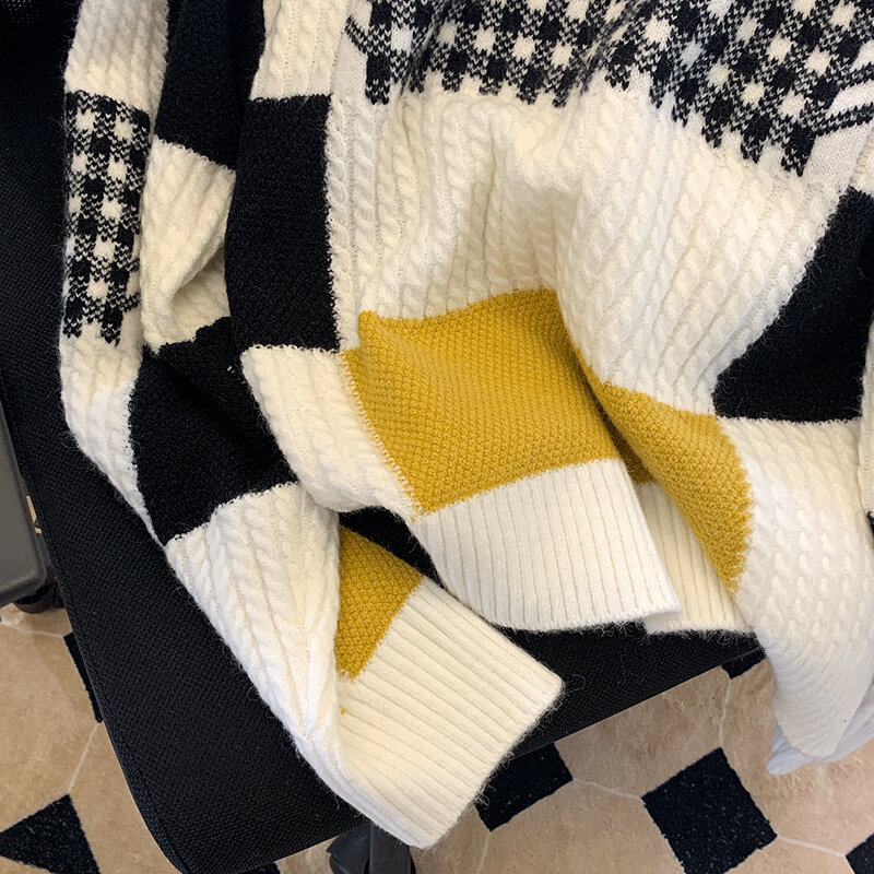 Pull tricoté Vintage à carreaux pour femme, manches longues, col rond, Patchwork, nouvelle collection automne hiver S-XL