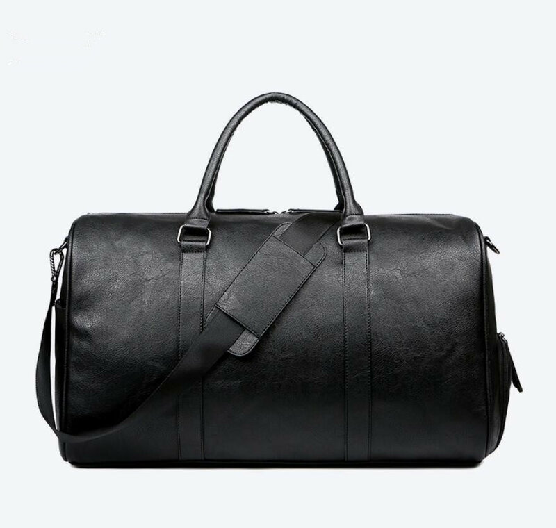 Men's Travel Bags Men Fitness Handbag PU Leather Shoulder Bag Clothes Large Baggage Tote Cross Body Luggage Bag Black Backpack