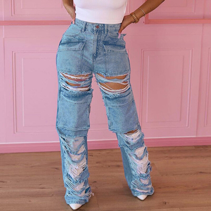 Dżinsowa odzież uliczna 2023 letnie ubrania dla kobiet strój Casual Women Jeans wyrwane długie spodnie ołówkowe spodnie y2k