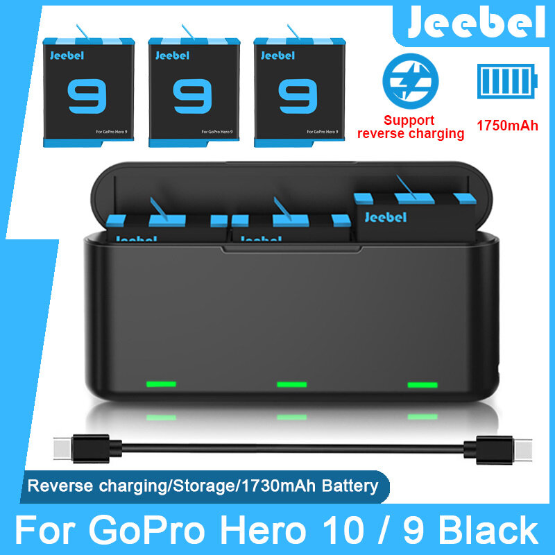 Cargador de batería para Go Pro Hero 10 9, estuche de almacenamiento de carga inversa, baterías recargables de 1750mAh, accesorios