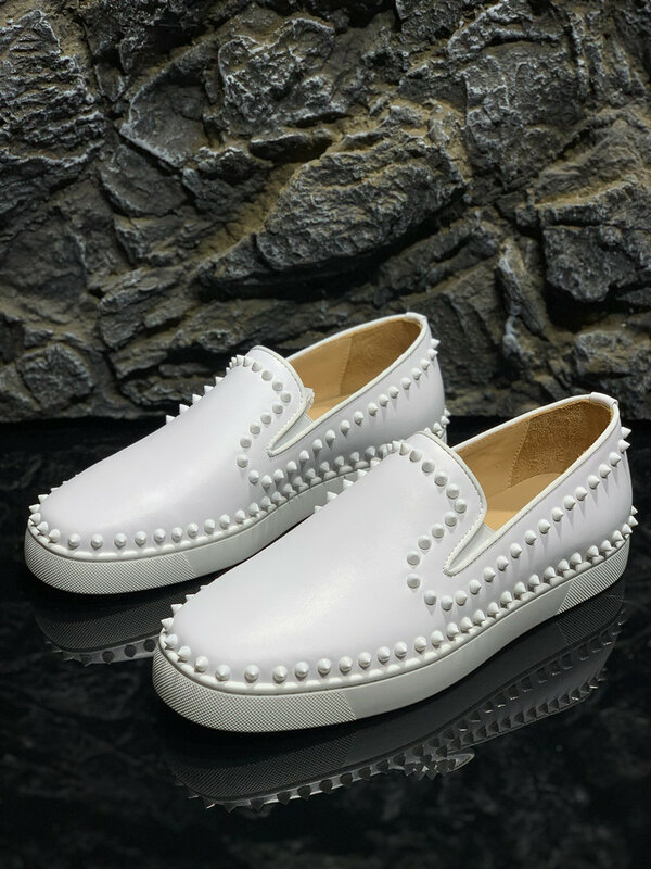 Sepatu Pantofel Desainer Mewah Sepatu Kulit Putih Pria Gaun Pria Sepatu Sol Merah Pesta Pernikahan Flat untuk Sepatu Pria Ukuran Besar 47 48