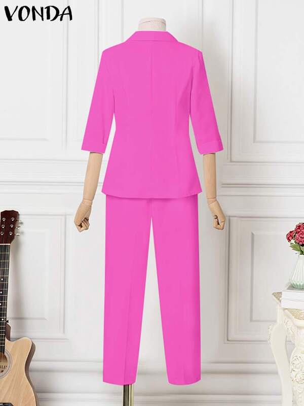 2022, элегантные модные костюмы VONDA с длинными брюками для вечеринки, женский пиджак на пуговицах с рукавом 3/4, деловые офисные брюки из полиэс...