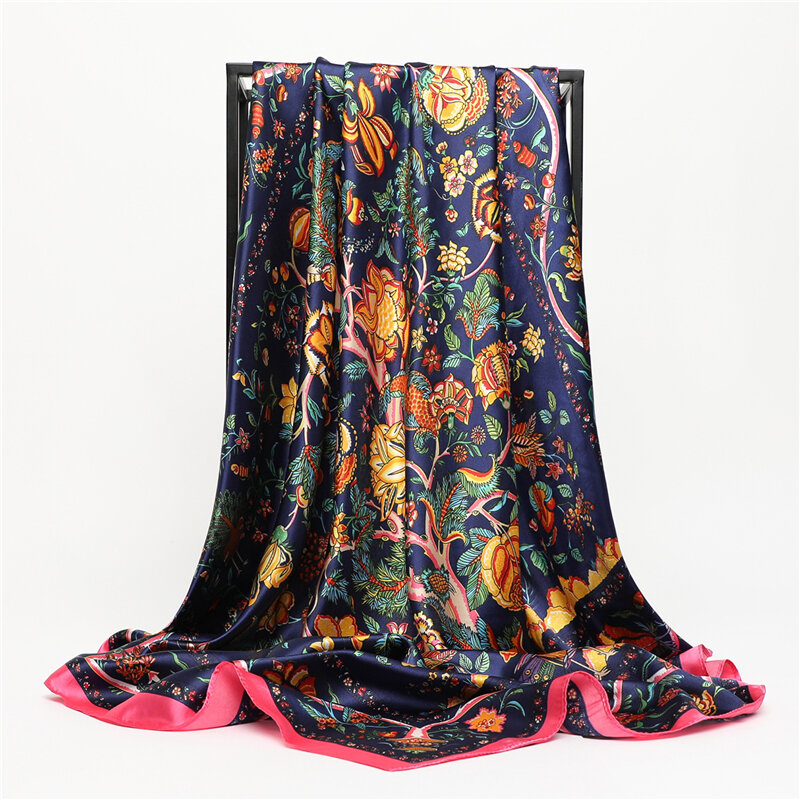 Атласный Шелковый квадратный женский платок 90 см, модная женская шаль, повязка на голову с цветочным принтом, бандана, шейный платок, фуляр