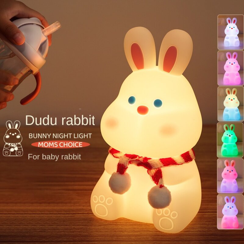 Dudu 토끼 실리콘 야간 램프, USB 충전, 다채로운 리모콘 라켓, 슬리핑 라이트, 야간 조명
